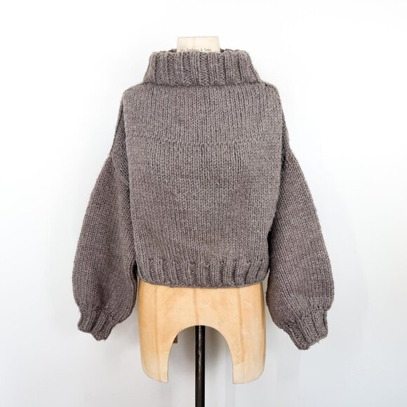 Handknit Taupe Wool Chunky Cropped Drop Shoulder Balloon Sleeve Sweater Medium - Picture 1 of 6